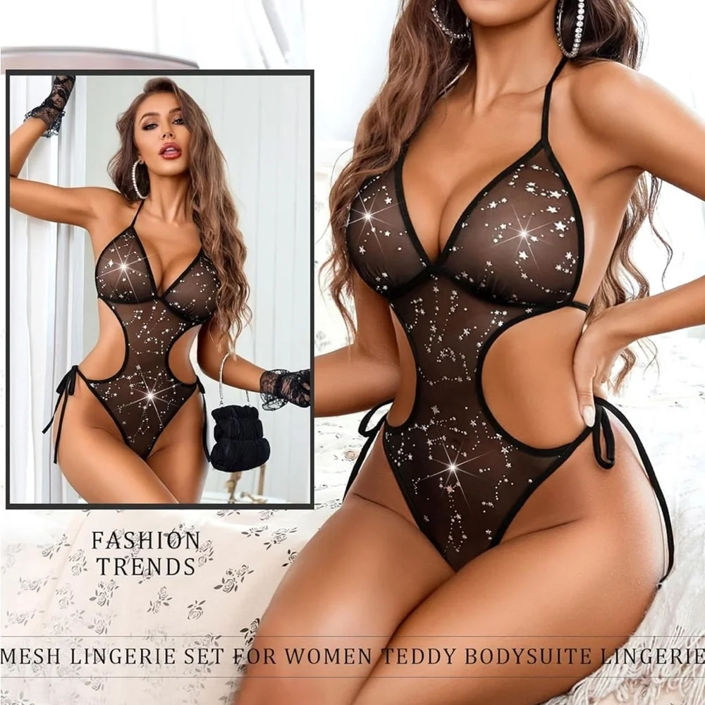 Black Sheer Star-Patterned Bodysuit